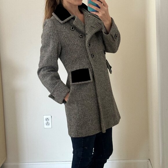 Vintage 60s Mid-Length Velvet Collar Wool-Blend Herringbone Coat - Picture 2 of 10